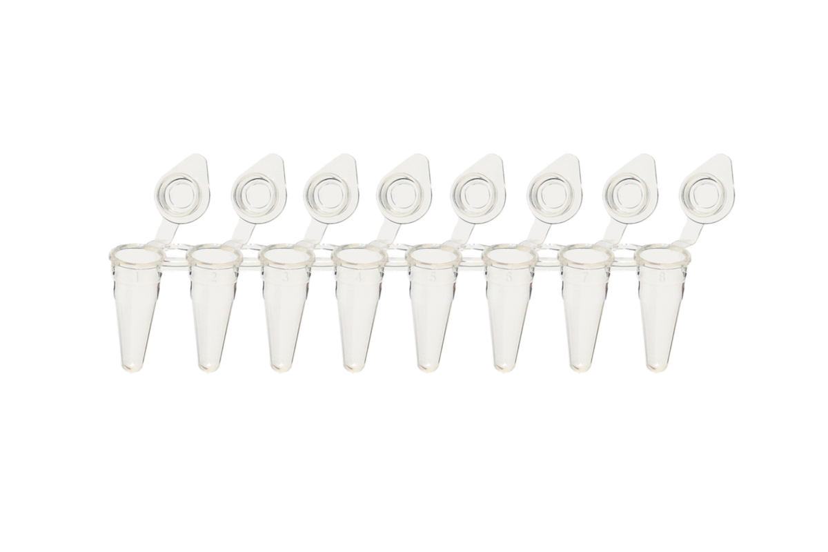 Пробірки для ПЛР у стріпах із індивідуальними прикріпленими плоскими кришками, 0.1 мл, тонкостінні без РНКаз, ДНКаз, ДНК та ендотоксинів (Xtra-Clear)